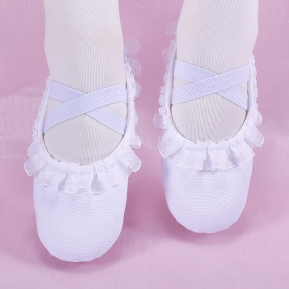 LEKWK Toddler Girls Ballet Shoes Ruffled Lace Trim Cross Elastic Strap Dance Shoes Cute Soft Flat Ballet Slippers Training Gymnastics Performance Footwear 2-12Y