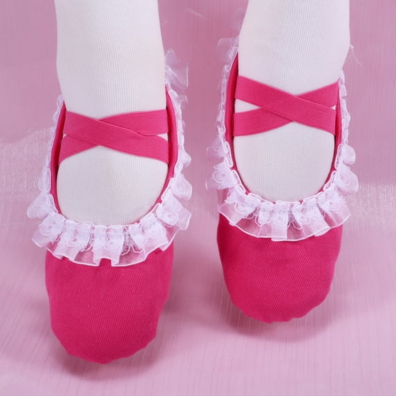 LEKWK Toddler Girls Ballet Shoes Ruffled Lace Trim Cross Elastic Strap Dance Shoes Cute Soft Flat Ballet Slippers Training Gymnastics Performance Footwear 2-12Y