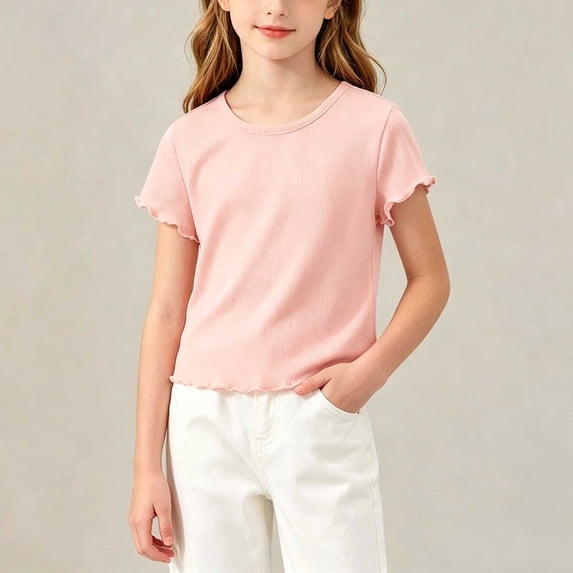 LEKWK Toddler Girls Ribbed T Shirt Short Sleeve Lettuce Trim Solid Basic Tees Lightweight Knit Casual Summer Tops Holiday Vacation Resort Wear 1-12Y