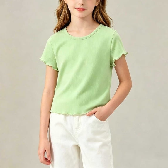 LEKWK Toddler Girls Ribbed T Shirt Short Sleeve Lettuce Trim Solid Basic Tees Lightweight Knit Casual Summer Tops Holiday Vacation Resort Wear 1-12Y