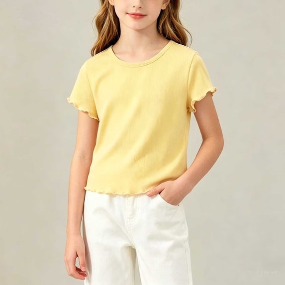 LEKWK Toddler Girls Ribbed T Shirt Short Sleeve Lettuce Trim Solid Basic Tees Lightweight Knit Casual Summer Tops Holiday Vacation Resort Wear 1-12Y