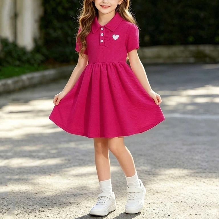 cute swing dress LEKWK Toddler Girls Uniform Dresses Lapel Collar Casual Heart Print A-Line Pleated Skirt Dress Back to School Daily Outdoor Party Métallique dress Size:Taille:S Abercrombie & Fitch square-neck Sleeveless line dry Imported