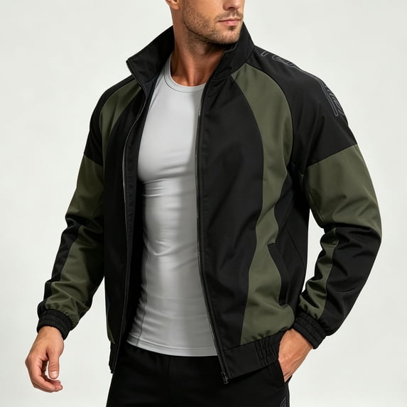 LEKWK Track Jacket Mens Full Zip Color Block Windbreaker Athletic Sweatshirt Coat Stand Collar Lightweight Activewear for Running Workout Gym