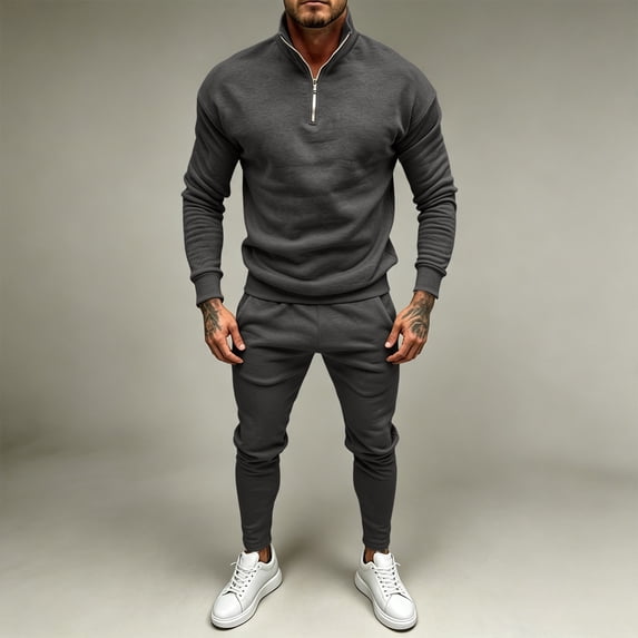 LEKWK Tracksuit Men 2 Piece Outfit Quarter Zip Mock Neck Sweatshirt and Jogger Sweatpants Athletic Fall Winter Gym Sweatsuits Matching Sets