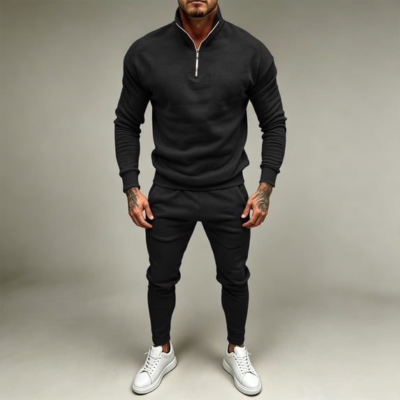 LEKWK Tracksuit Men 2 Piece Outfit Quarter Zip Mock Neck Sweatshirt and Jogger Sweatpants Athletic Fall Winter Gym Sweatsuits Matching Sets