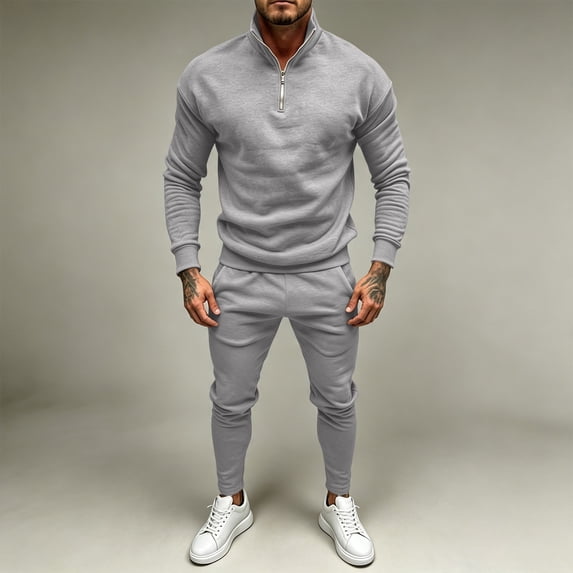 LEKWK Tracksuit Men 2 Piece Outfit Quarter Zip Mock Neck Sweatshirt and Jogger Sweatpants Athletic Fall Winter Gym Sweatsuits Matching Sets