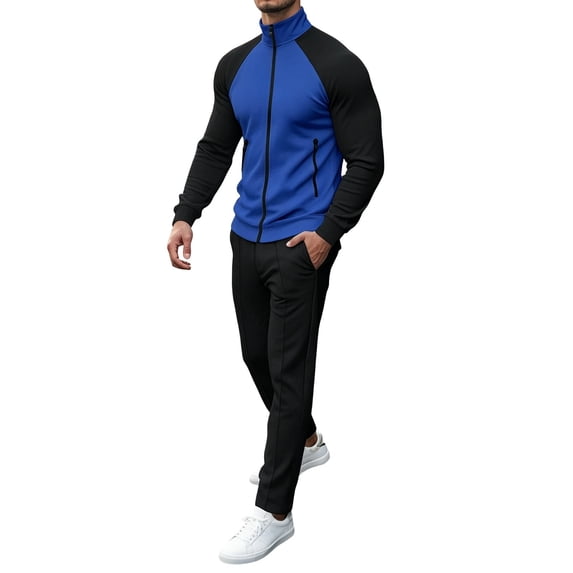 LEKWK Tracksuit Men 2 Piece Sweatsuit Color Block Full Zip Sport Jacket and Sweatpants with Pockets Gym Workout Running Athletic Outfit