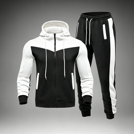 LEKWK Tracksuit Men Color Block Athletic 2 Piece Sweatsuit Sport Activewear Zip Up Hooded Jacket and Joggers Matching Outfits for Running Workout