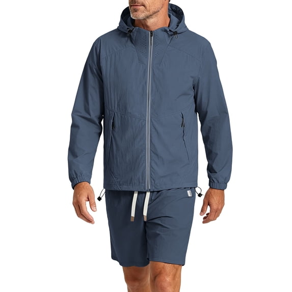 LEKWK Tracksuit Men Windbreaker Lightweight 2 Piece Outfit Full Zip Hooded Jacket and Shorts Matching Sets Activewear for Gym Running Biker Workout