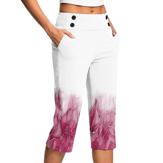 LEKWK Trouser Yoga Pants for Women Floral Print High Waist Buttons Capri Yoga Pants Side Slit Pockets Summer Straight Leggings Stretchy Gym Outfits
