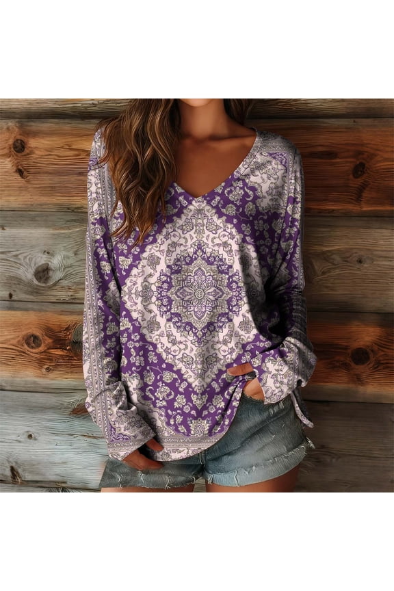 Tunic Tops for Women Loose Fit Dressy Relaxed Cut Long Sleeve Casual Tops Vintage Tees Retro Orange Tribal Pattern Street Wear