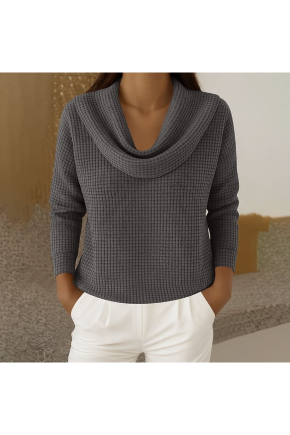 Tunic Tops for Women Solid Waffle Knit Cowl Neck Long Sleeve Casual Tops Lightweight Slouchy Pullover Spring Shirt