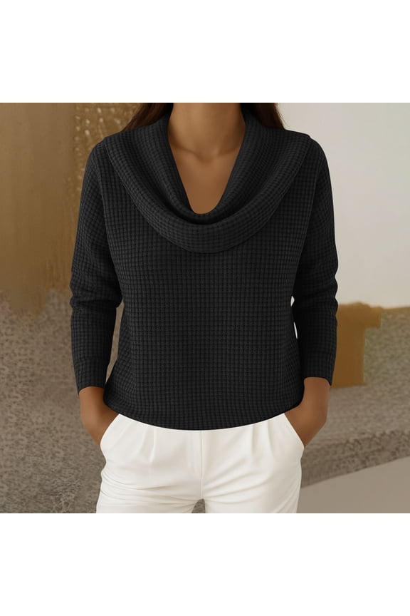 Tunic Tops for Women Solid Waffle Knit Cowl Neck Long Sleeve Casual Tops Lightweight Slouchy Pullover Spring Shirt