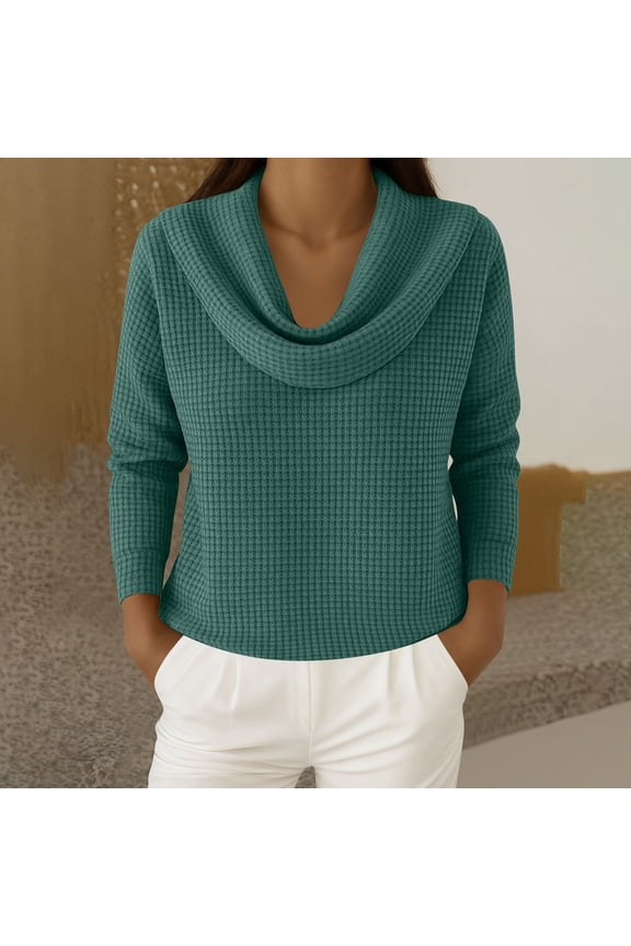 Tunic Tops for Women Solid Waffle Knit Cowl Neck Long Sleeve Casual Tops Lightweight Slouchy Pullover Spring Shirt