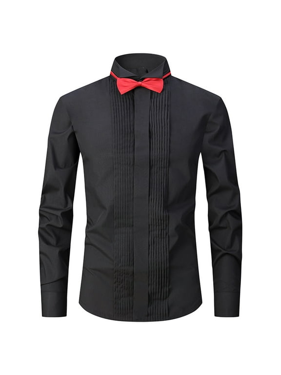 Tuxedo Shirt for Men Wing Collar French Cuffs 100% Cotton Formal Shirt Long Sleeve Button down Pleated Front Regular Fit Shirts with Bow Tie Wedding Banquet Party Dress Tops