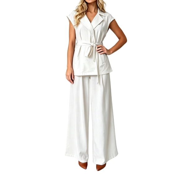 LEKWK Two Piece Sets for Women Dressy Cap Sleeve V Neck Belted Blazer Vest and Wide Leg Pants Summer Fashion Office Work Business Casual Clothes