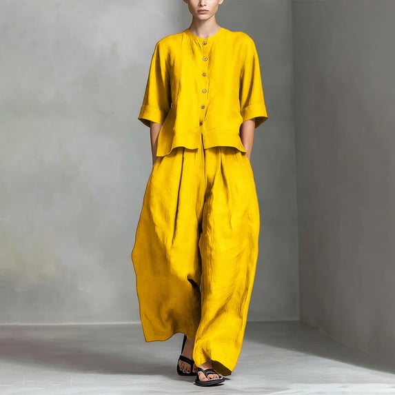 LEKWK Two Piece Sets for Women Linen 3/4 Sleeve Button Down Tops and Flowy Wide Leg Pants Summer Solid Fashion Lounge Vacation Outfits