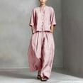 thumbnail image 1 of LEKWK Two Piece Sets for Women Linen 3/4 Sleeve Button Down Tops and Flowy Wide Leg Pants Summer Solid Fashion Lounge Vacation Outfits, 1 of 5