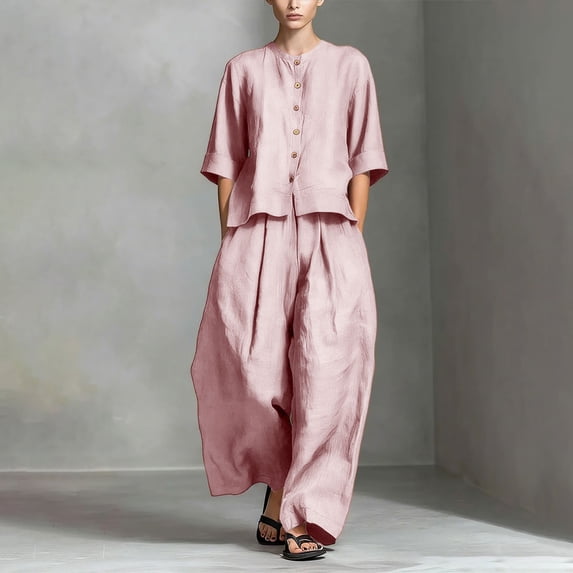 LEKWK Two Piece Sets for Women Linen 3/4 Sleeve Button Down Tops and Flowy Wide Leg Pants Summer Solid Fashion Lounge Vacation Outfits