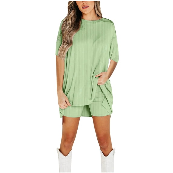 LEKWK Two Piece Sets for Women Summer Ribbed Vacation Outfits Short Sleeve Crewneck Loose Fit Tunic Tops & Biker Shorts Solid Lounge Set