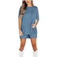 thumbnail image 1 of LEKWK Two Piece Sets for Women Summer Ribbed Vacation Outfits Short Sleeve Crewneck Loose Fit Tunic Tops & Biker Shorts Solid Lounge Set, 1 of 5
