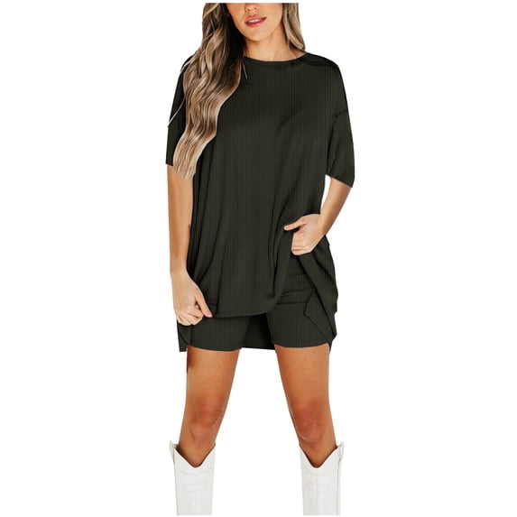 LEKWK Two Piece Sets for Women Summer Ribbed Vacation Outfits Short Sleeve Crewneck Loose Fit Tunic Tops & Biker Shorts Solid Lounge Set