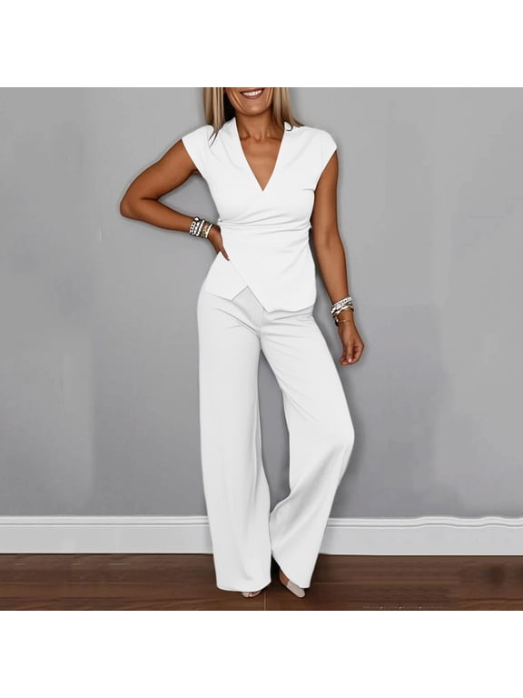 Two Piece Sets for Women V Neck Sleeveless Wrap Ruched Top and Wide Leg Pants Summer Fashion Vacation Travel Business Casual Outfits