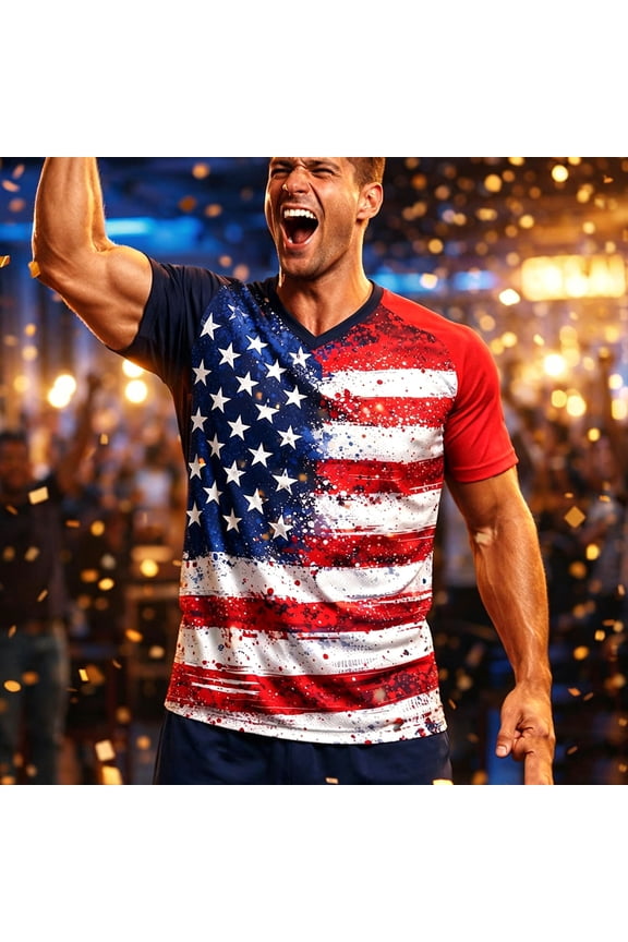 USA Soccer Jersey for Men Patriotic V Neck Short Sleeve Fan Supporter Tees Tournament Mesh Top Statue Graphic Tee for Match Day Training Red XXL