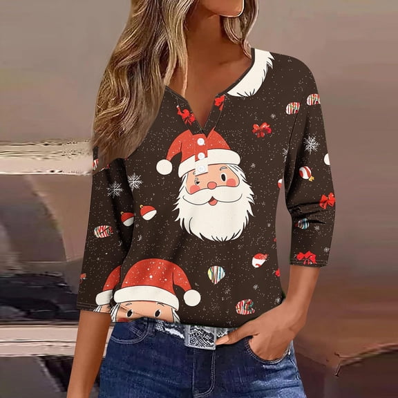 LEKWK Ugly Christmas T Shirts for Women Xmas Tree V Neck Tshirts Button Down 3/4 Sleeve Tops Christmas Womens Tees Graphic Christmas Graphic T Shirts for Women