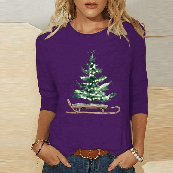 LEKWK Ugly Christmas T Shirts for Women Xmas Tree Crew Neck 3/4 Sleeve Tops Christmas Womens Tees Graphic Winter Christmas Graphic T Shirts for Women