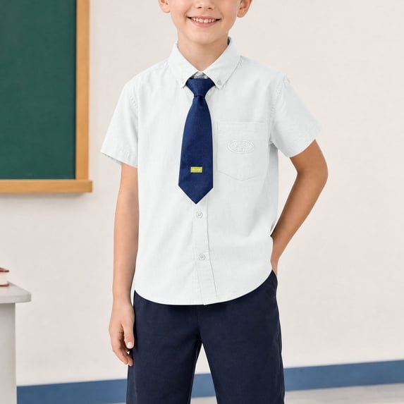 LEKWK Uniform Shirts for Boys Button Down Short Sleeve Collared Oxford Shirt School Dress Tops with Tie Back to School Party Casual Wear Size 2-13 Years