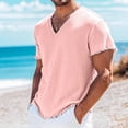 thumbnail image 1 of LEKWK V-Neck T-Shirts for men Short Sleeve Casual Cotton Linen Beach Tops with Fringed Hem Regular Fit Lightweight Pullover Summer Shirts for Vacation Yoga Pink M, 1 of 6
