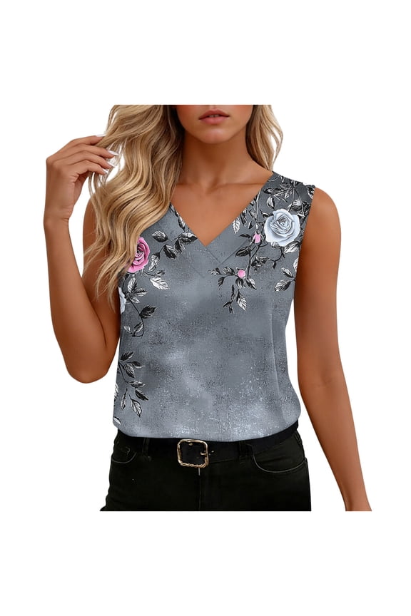V-Neck Tops for Women Plus Size V-Neck Sleeveless Tops Rose Print Tunic Tops Floral Textured Date Night Wear