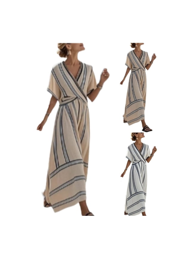 Vacation Dresses for Women Stripe Short Sleeve V Neck Wrap Dress Summer Boho Dresses Beach Tie Waist Maxi Dress Flowy Holiday Resort Wear