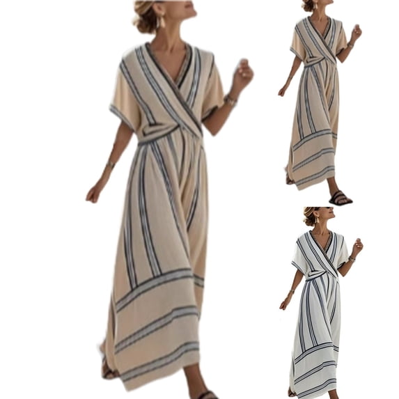 LEKWK Vacation Dresses for Women Stripe Short Sleeve V Neck Wrap Dress Summer Boho Dresses Beach Tie Waist Maxi Dress Flowy Holiday Resort Wear
