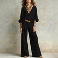 thumbnail image 1 of LEKWK Vacation Outfits for Women Elegant V Neck Long Sleeve Oversized Top and Wide Leg Pants Linen Matching Set Casual Travel Beach Loungewear, 1 of 6