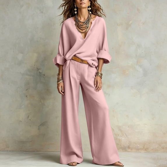 LEKWK Vacation Outfits for Women Elegant V Neck Long Sleeve Oversized Top and Wide Leg Pants Linen Matching Set Casual Travel Beach Loungewear
