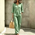 thumbnail image 1 of LEKWK Vacation Outfits for Women Plaid 2 Piece Lounge Set Ruffle 3/4 Sleeve Button Front Top and Wide Leg Pants Matching Outfits Home Sleepwear, 1 of 7