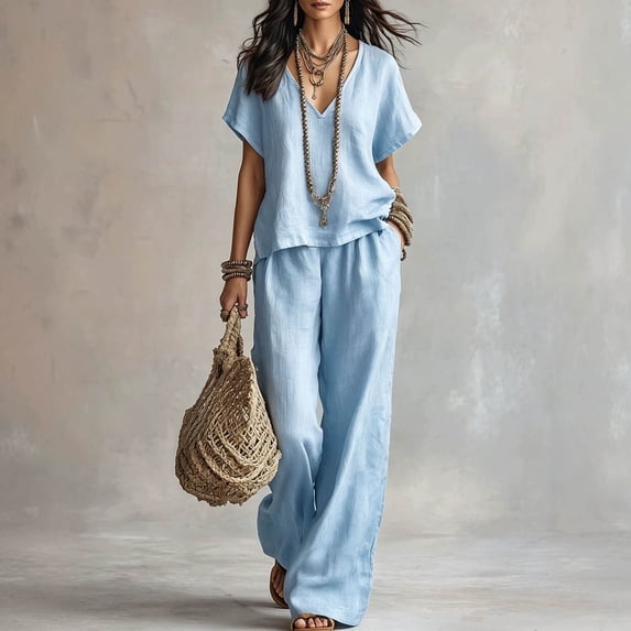 LEKWK Vacation Sets for Women Linen Short Sleeve V Neck Top and Wide Leg Pants with Pockets Summer Boho Beach 2 Piece Matching Sets
