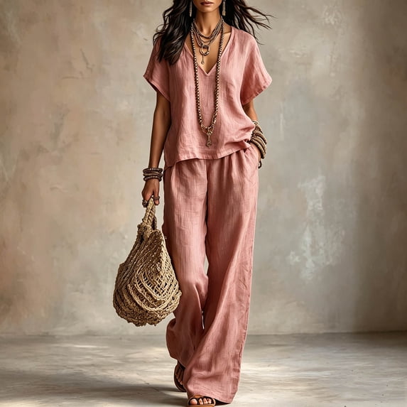 LEKWK Vacation Sets for Women Linen Short Sleeve V Neck Top and Wide Leg Pants with Pockets Summer Boho Beach 2 Piece Matching Sets