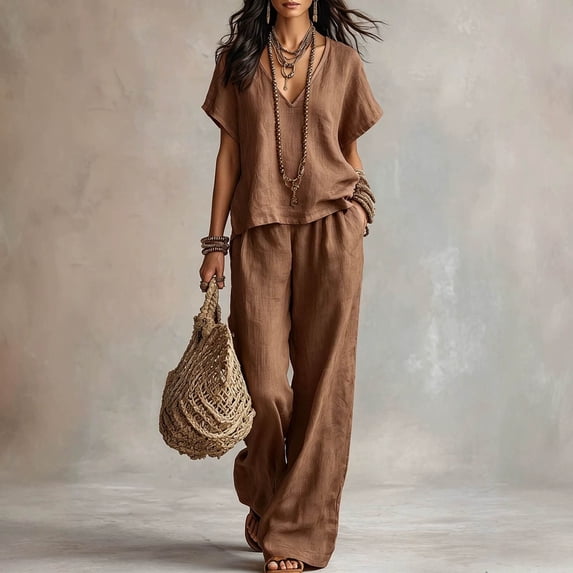 LEKWK Vacation Sets for Women Linen Short Sleeve V Neck Top and Wide Leg Pants with Pockets Summer Boho Beach 2 Piece Matching Sets