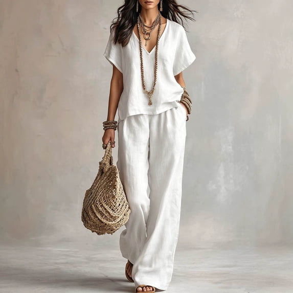 LEKWK Vacation Sets for Women Linen Short Sleeve V Neck Top and Wide Leg Pants with Pockets Summer Boho Beach 2 Piece Matching Sets