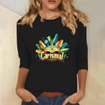 thumbnail image 1 of LEKWK Vacation Tops for Women Carnival Text Mardi Gras Shirts 3/4 Sleeve Graphic Tees Round Neck Colorful Feathers Festive Print Outfits, 1 of 5