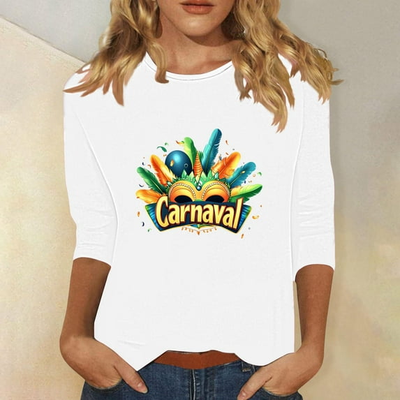 LEKWK Vacation Tops for Women Carnival Text Mardi Gras Shirts 3/4 Sleeve Graphic Tees Round Neck Colorful Feathers Festive Print Outfits