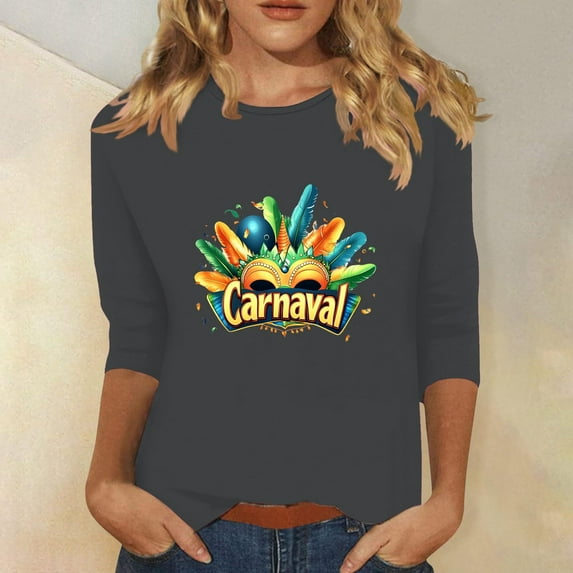 LEKWK Vacation Tops for Women Carnival Text Mardi Gras Shirts 3/4 Sleeve Graphic Tees Round Neck Colorful Feathers Festive Print Outfits