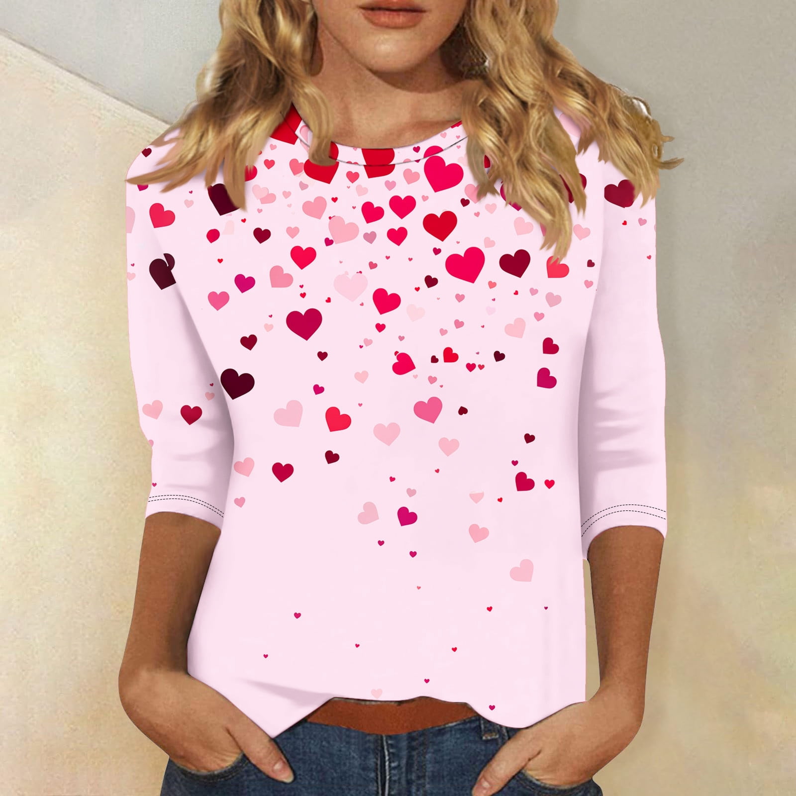 Women's Heart Print Sweater - Loose Fit Crewneck Knit Pullover Top