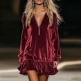 thumbnail image 1 of LEKWK Velvet Dress for Women Long Sleeve V-Neck Quarter Zip Mini Dresses with Ruffle Hem Flowy Relaxed Fit Fall Elegant Partywear Wine L, 1 of 9