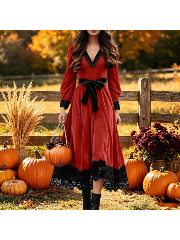Velvet Dress for Women V Neck Lace Trim Elegant Midi Dress with Bow Tie Belt Long Sleeve Fall Winter Christmas Evening Partywear Red L