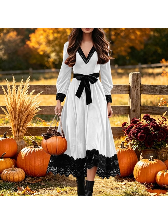 Velvet Dress for Women V Neck Lace Trim Elegant Midi Dress with Bow Tie Belt Long Sleeve Fall Winter Christmas Evening Partywear White L
