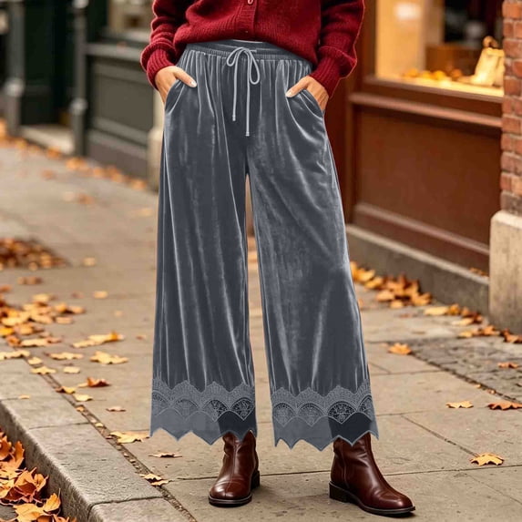 Velvet Collapse LEKWK Velvet Wide Leg Pants Women High Waisted Flowy Trousers with Lace ...